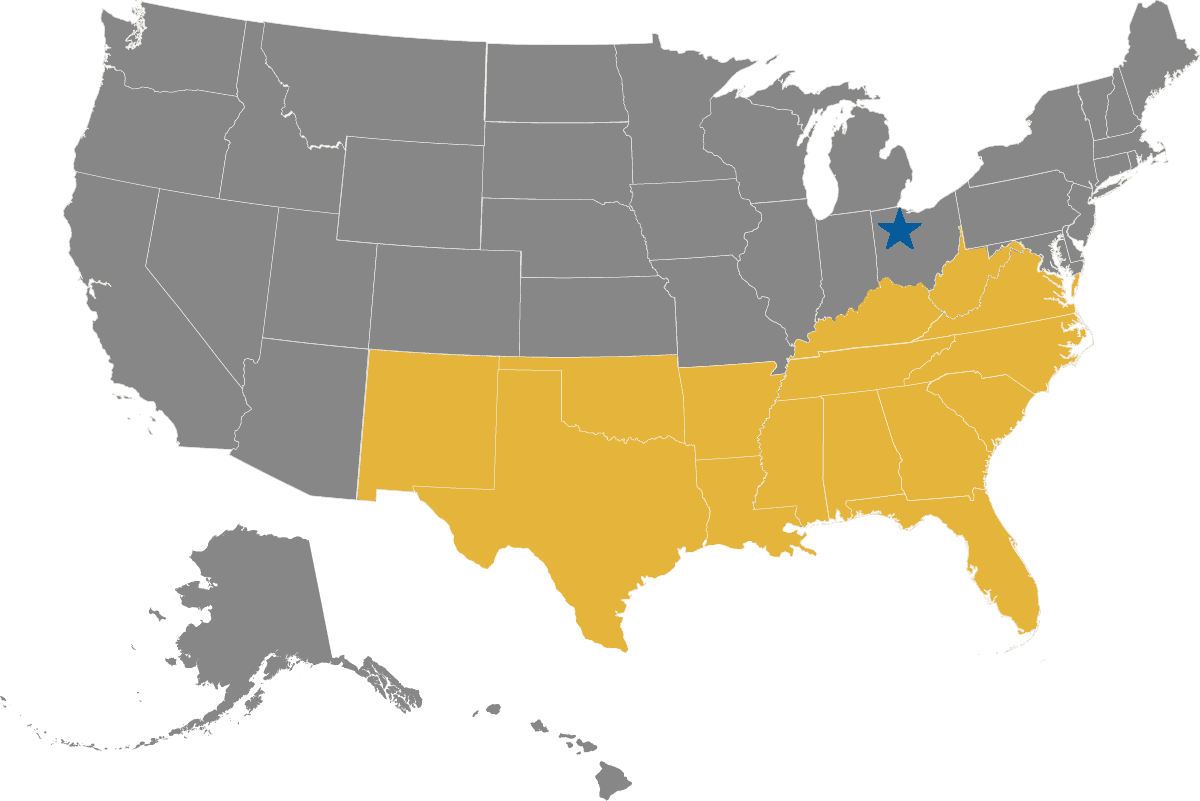 Map Showing States Covered: AL, AR, FL, GA, KY, LA, MS, NC, NM, OK, SC, TN, TX, VA, WV